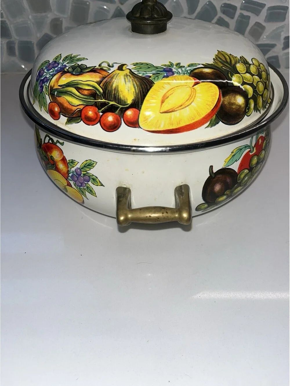 Vintage Cornucopia Enamelware Dutch Oven Pot With Brass Knob Handles cottagecoe
